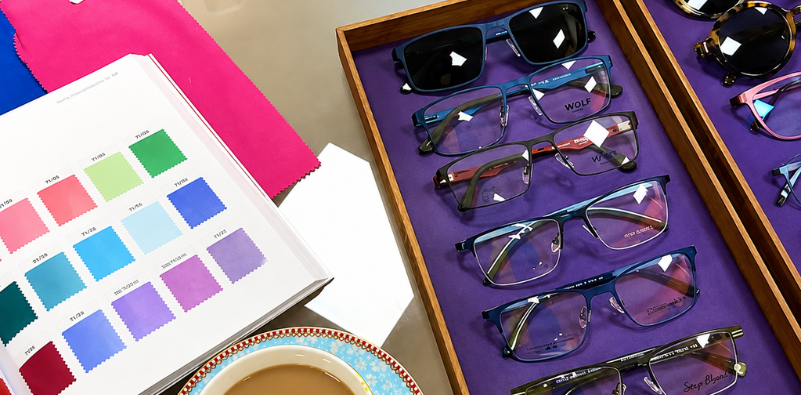 Colour analysis swatch book displayed beside a selection of designer glasses and sunglasses during an eyewear styling consultation